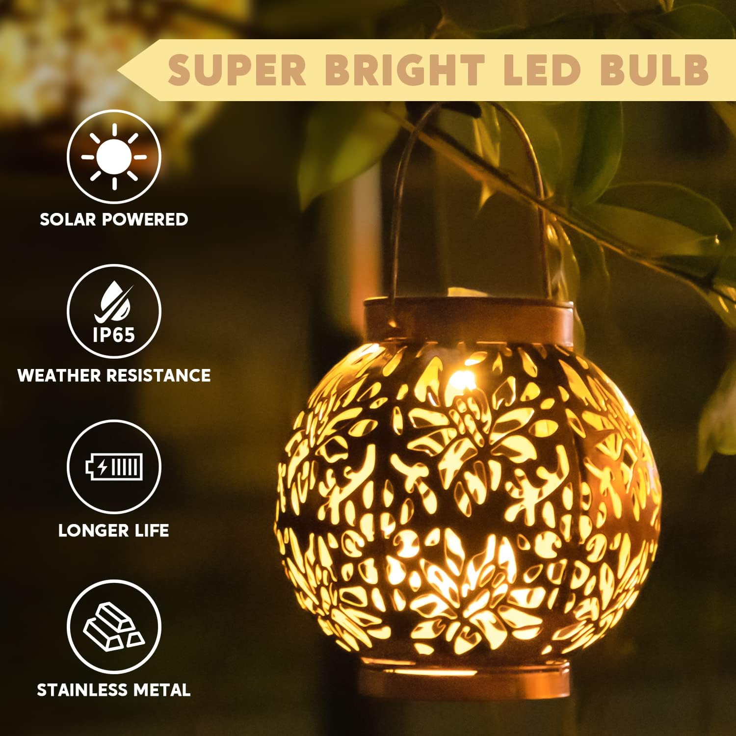 JOIEDOMI 2 Pack Outdoor Solar Hanging Lantern Lights, Waterproof Tabletop with Handle, LED Moroccan Lanterns, Metal Decorative Garden Solar Lights for Patio, Lawn, Porch, Backyard - Image 3