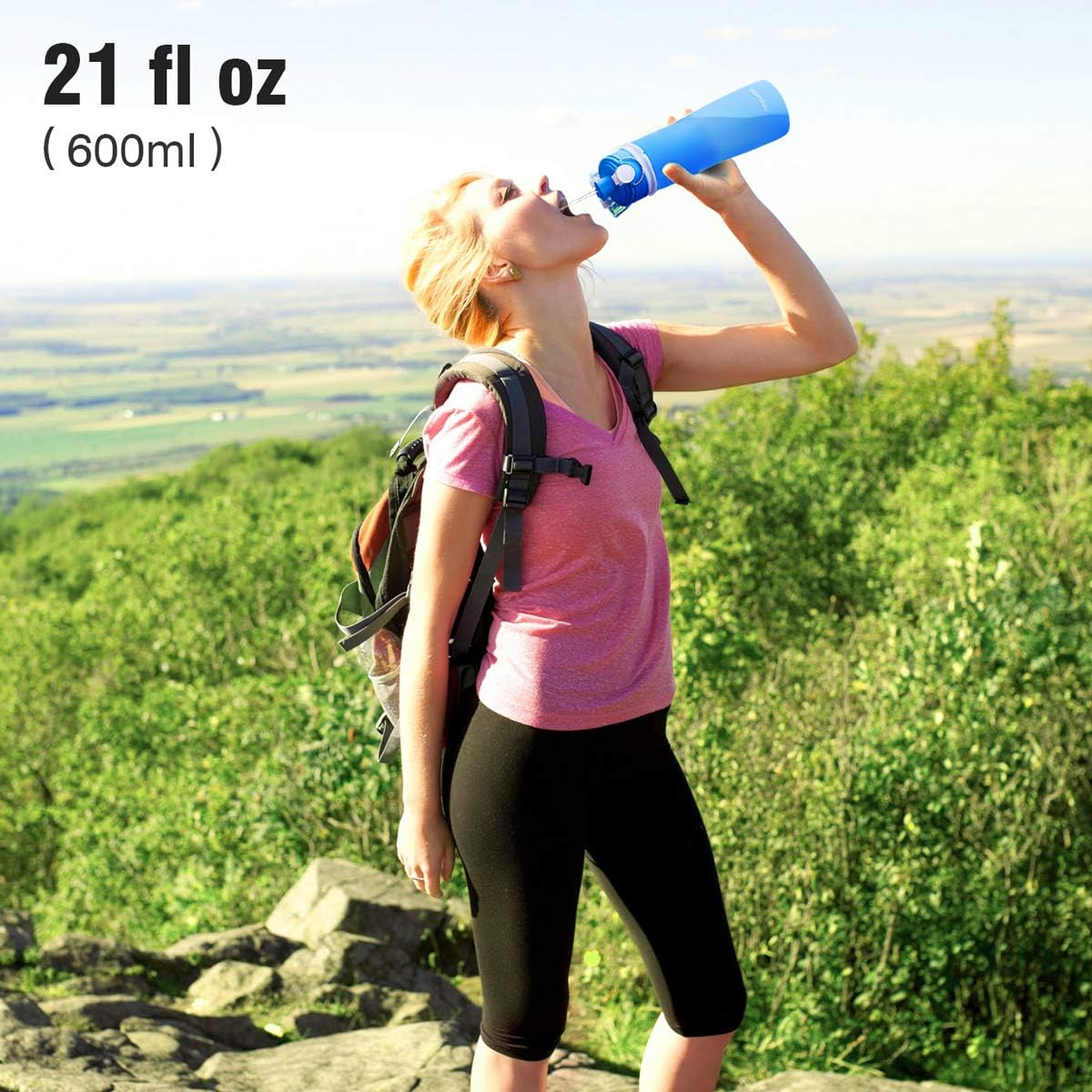 Valourgo Collapsible Water Bottle, Silicone Foldable with Leak Proof Valve BPA Free, Aqua Blue, 21 oz - Image 2