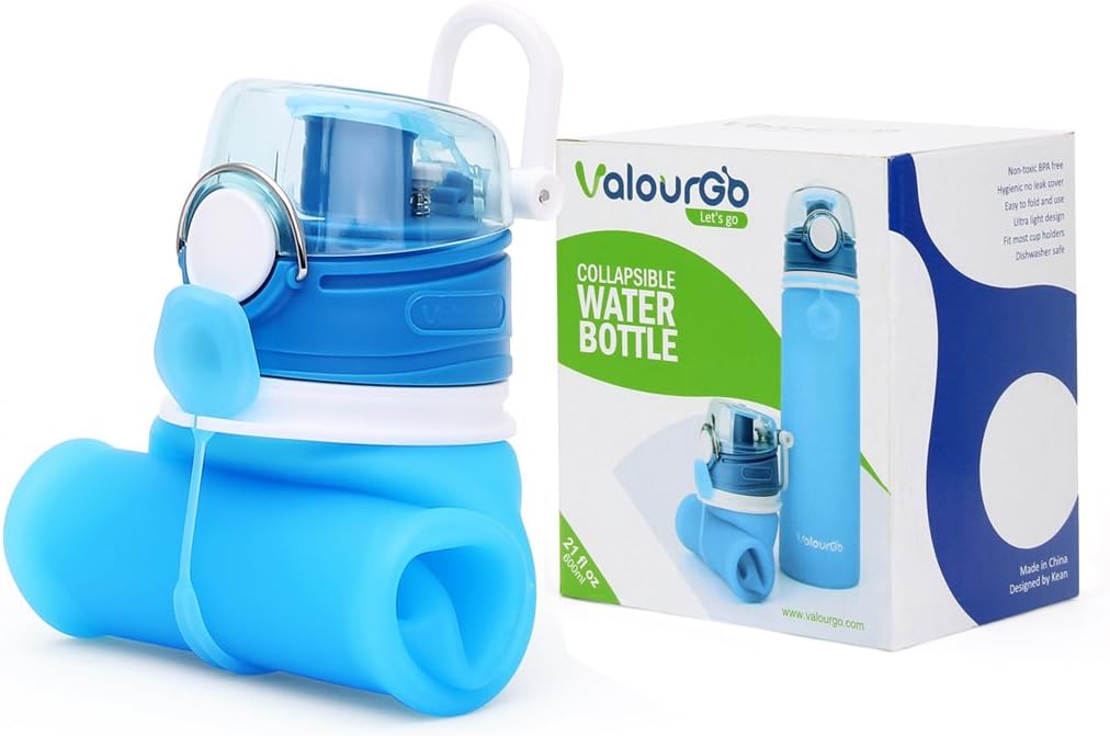 Valourgo Collapsible Water Bottle, Silicone Foldable with Leak Proof Valve BPA Free, Aqua Blue, 21 oz - Image 7